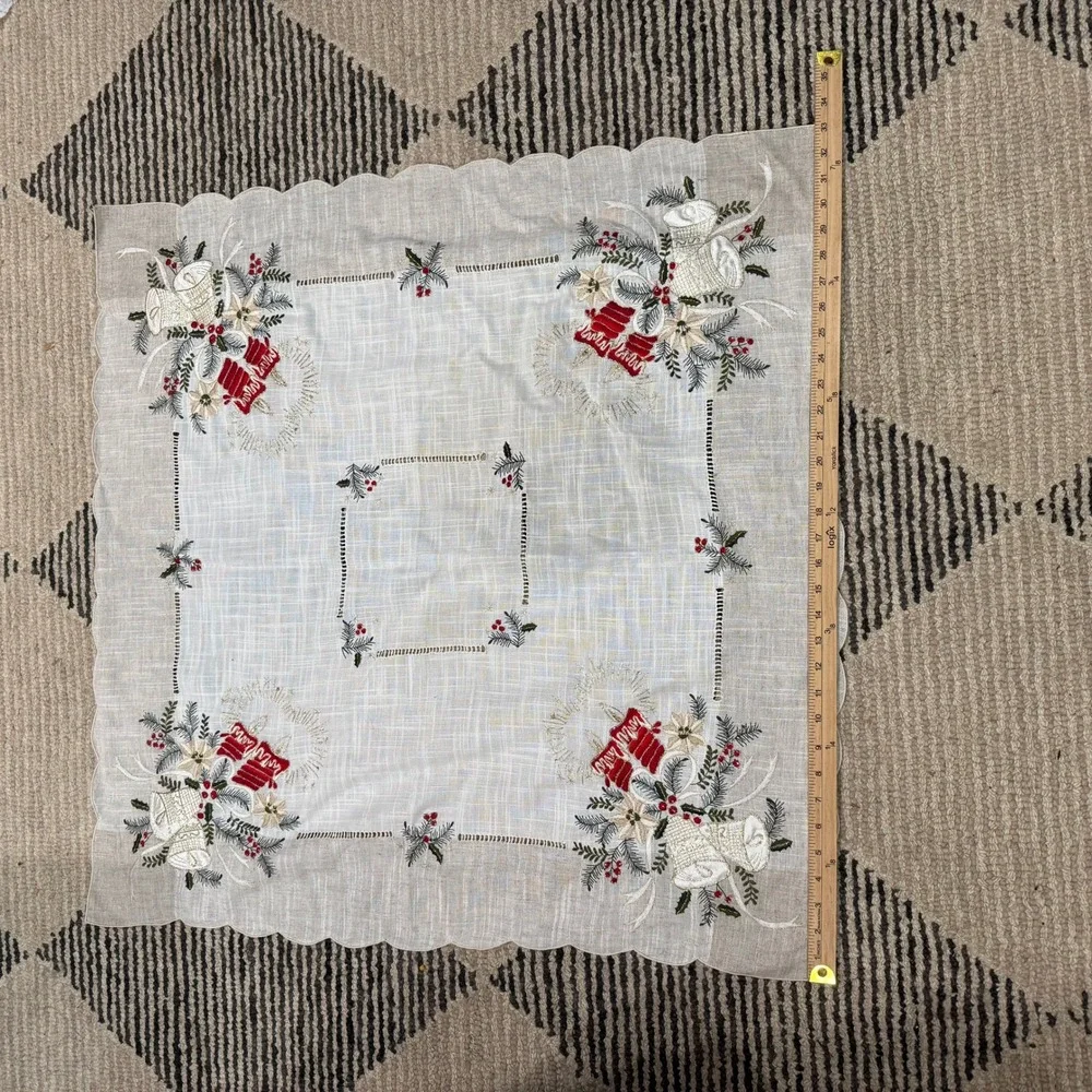 Vintage Embroidered Christmas Tablecloth Bells Poinsettia Holly Hemstitch 33x33